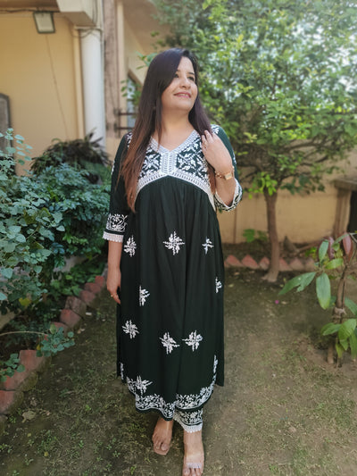 Dark Green Rayon Chikankari Alia Set