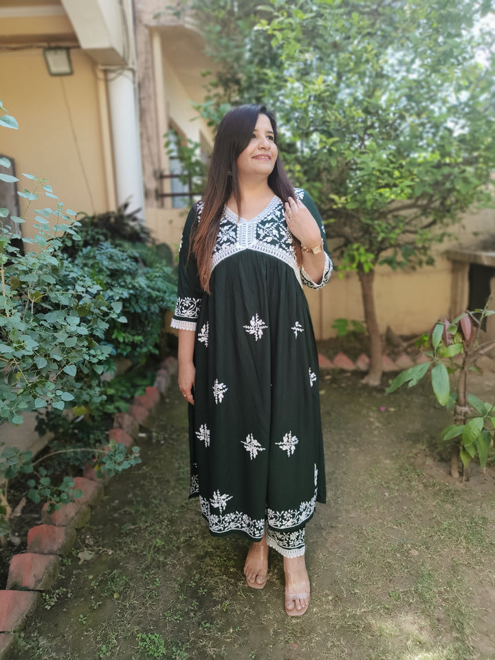 Dark Green Rayon Chikankari Alia Kurta With Pant Set-Custom Made