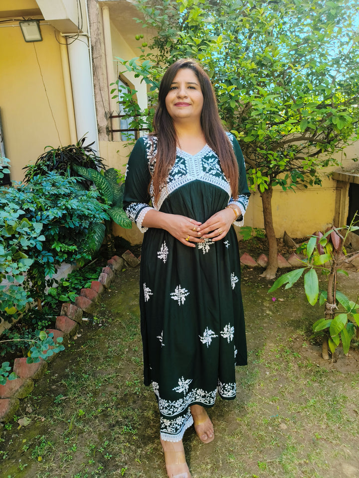 Dark Green Rayon Chikankari Alia Kurta With Pant Set-Custom Made