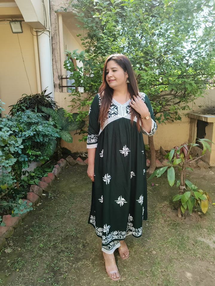 Dark Green Rayon Chikankari Alia Kurta With Pant Set-Custom Made