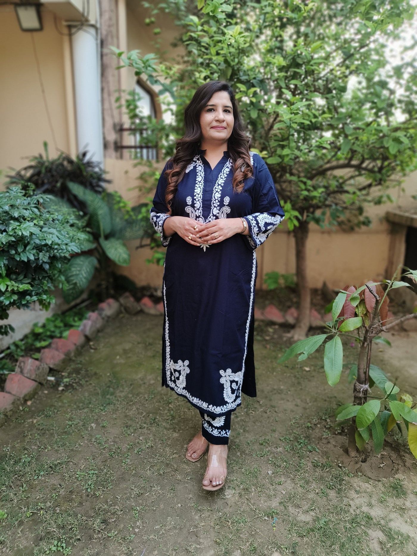 Navy Blue Silk Cotton Chikankari Co-Ord Set