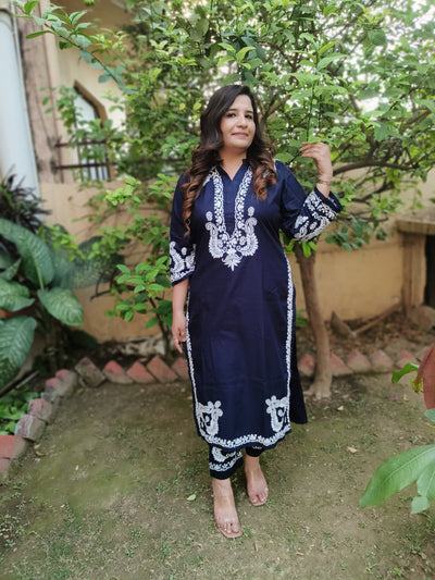 Navy Blue Silk Cotton Chikankari Co-Ord Set