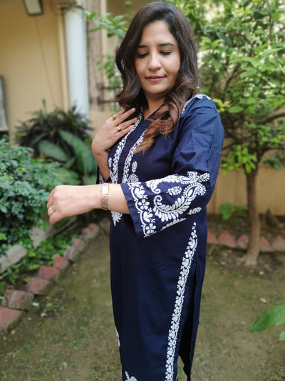 Navy Blue Silk Cotton Chikankari Co-Ord Set