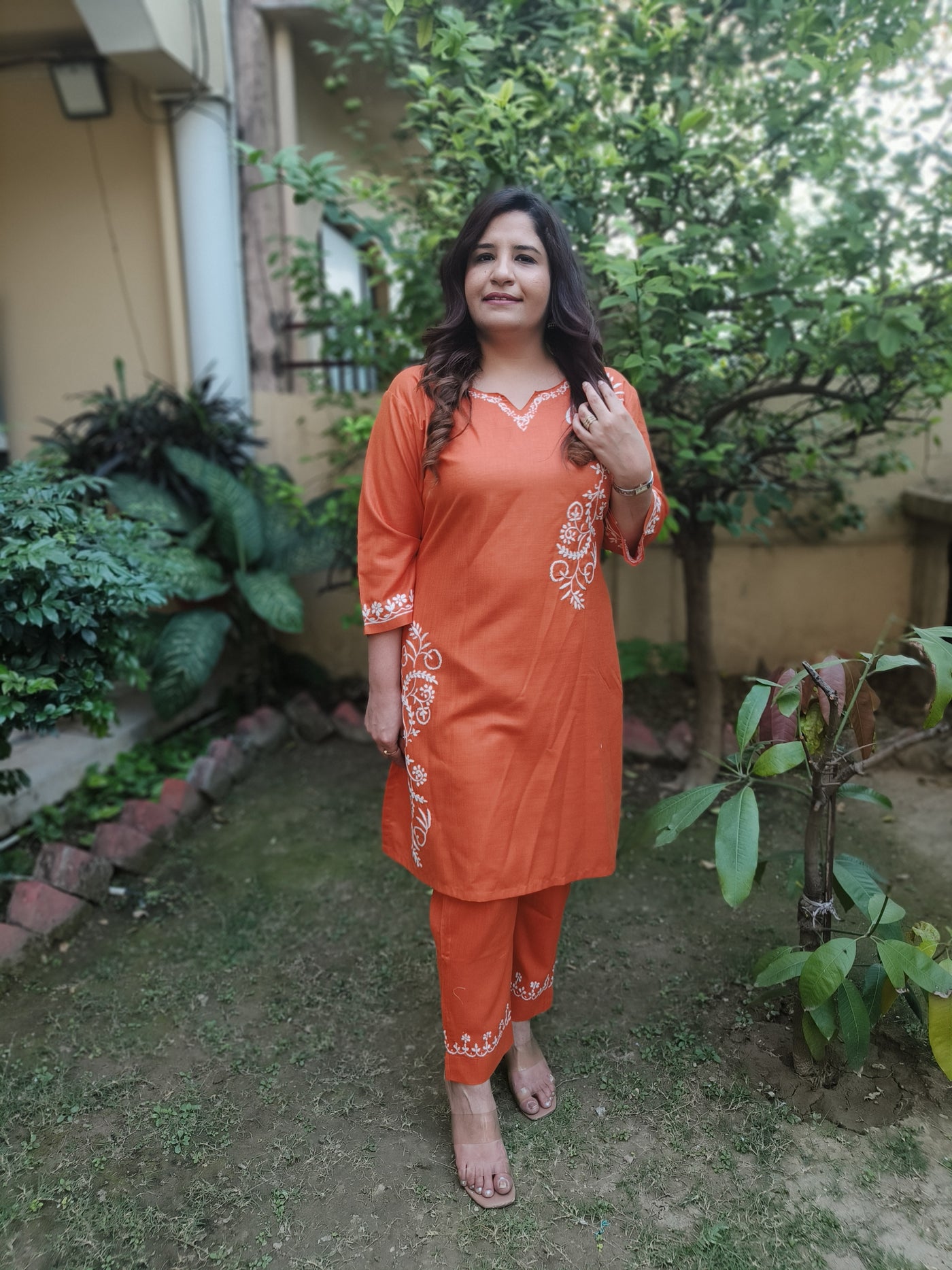 Linen Cotton Orange Chikankari Co-Ord Set