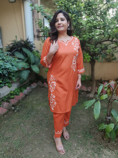 Linen Cotton Orange Chikankari Co-Ord Set