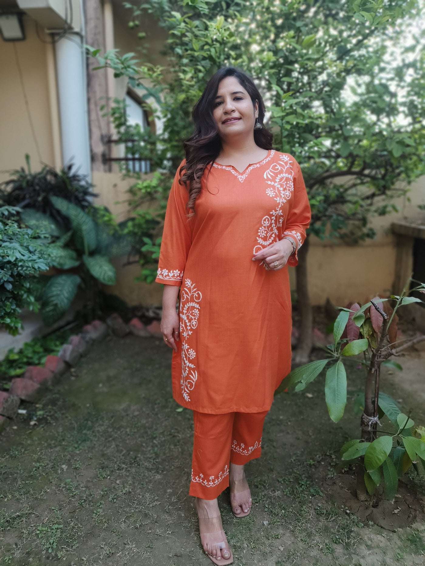 Linen Cotton Orange Chikankari Co-Ord Set