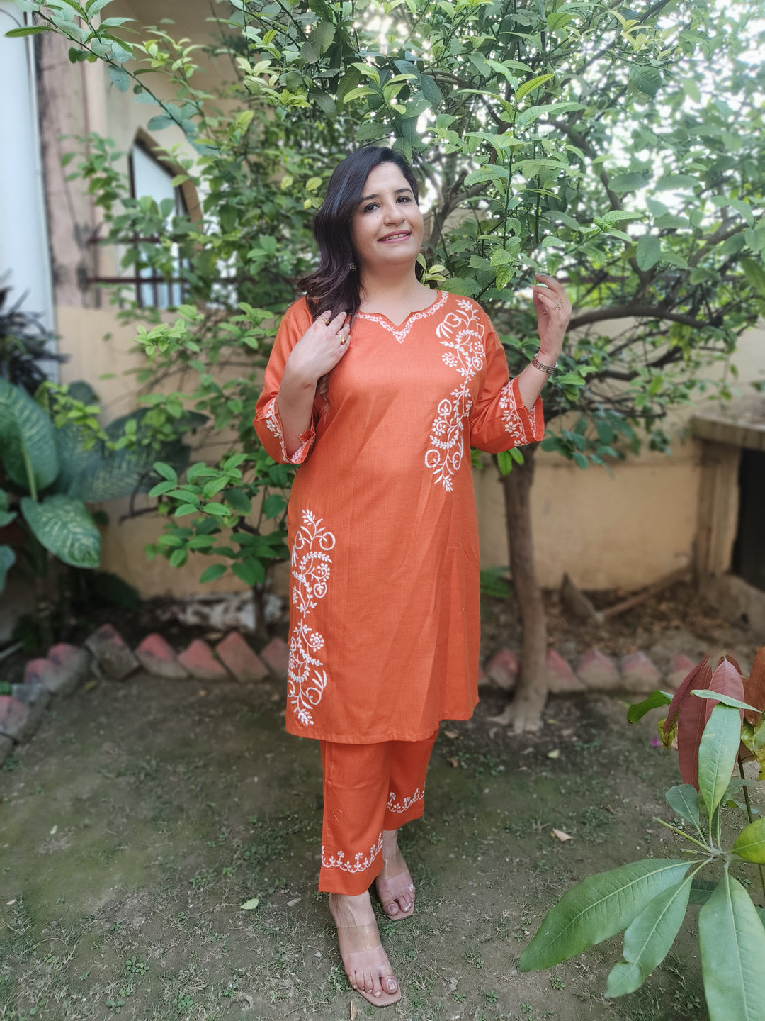Linen Cotton Orange Chikankari Co-Ord Set