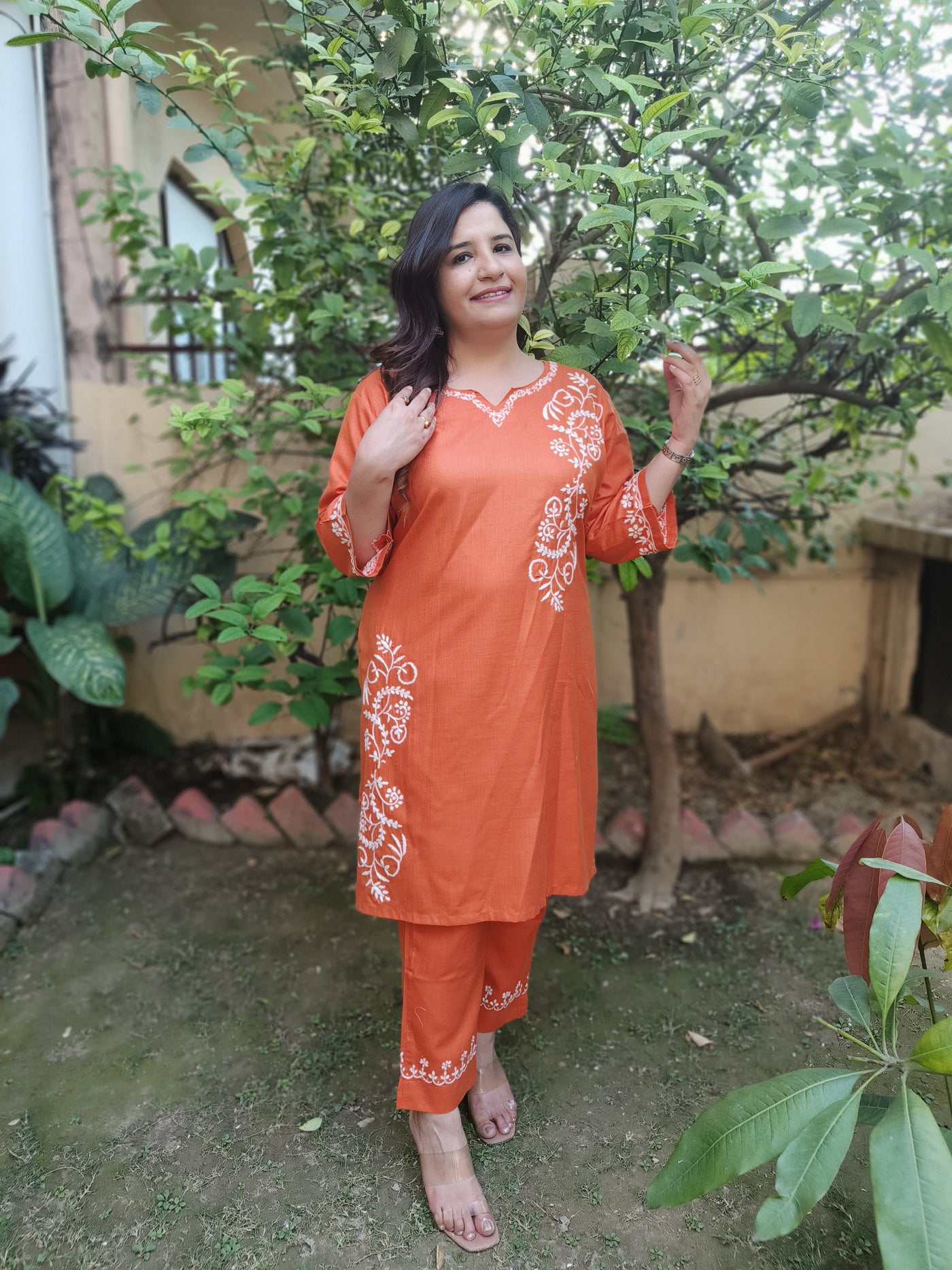 Linen Cotton Orange Chikankari Co-Ord Set