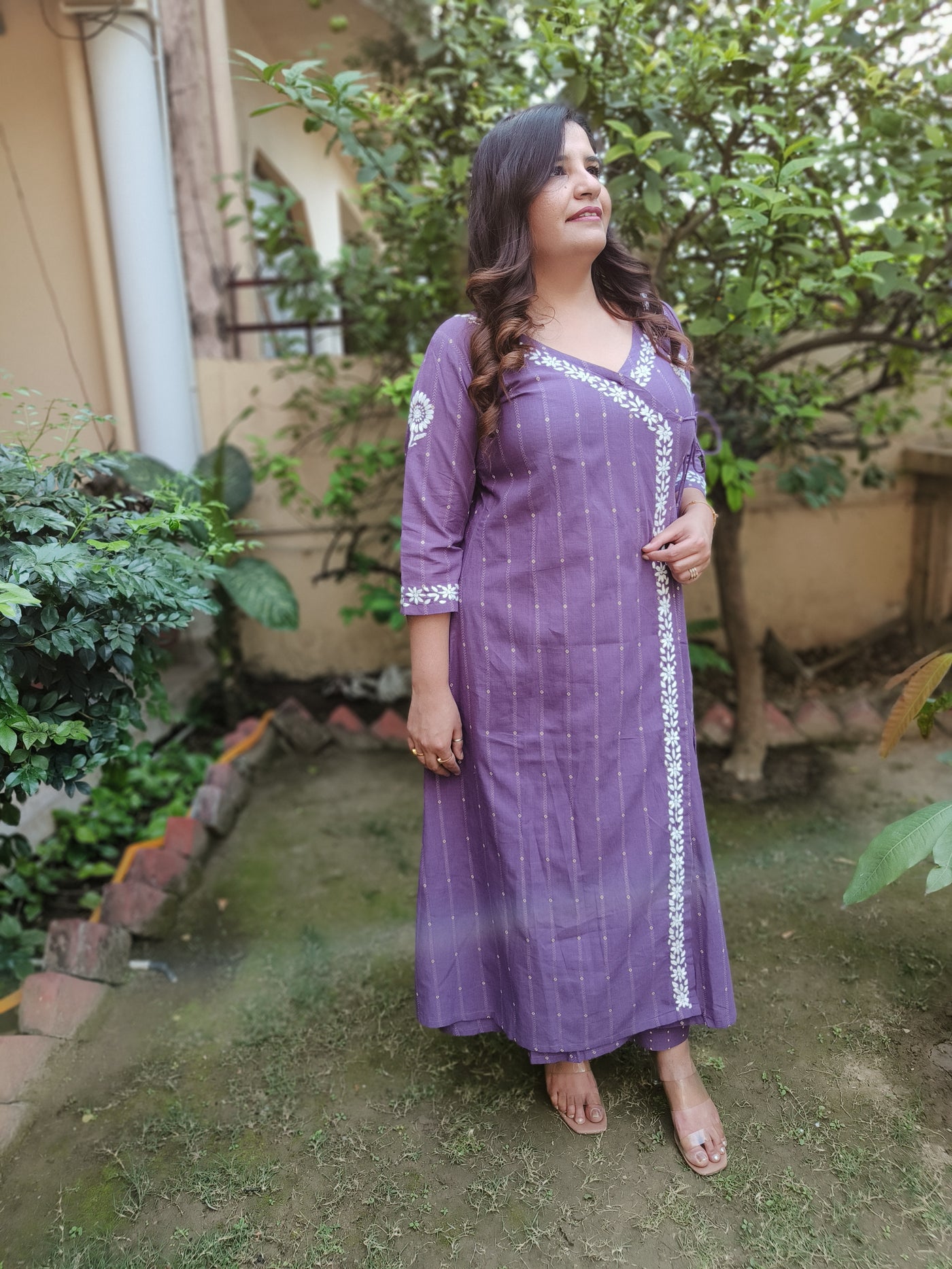 Printed Cotton Chikankari Purple Angrakha Set