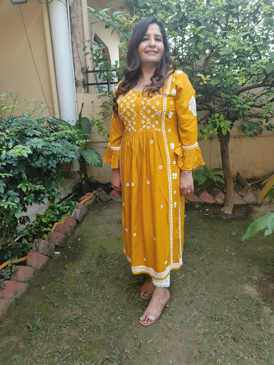 Mustard A-Line Rayon Chikankari Kurta- Custom Made