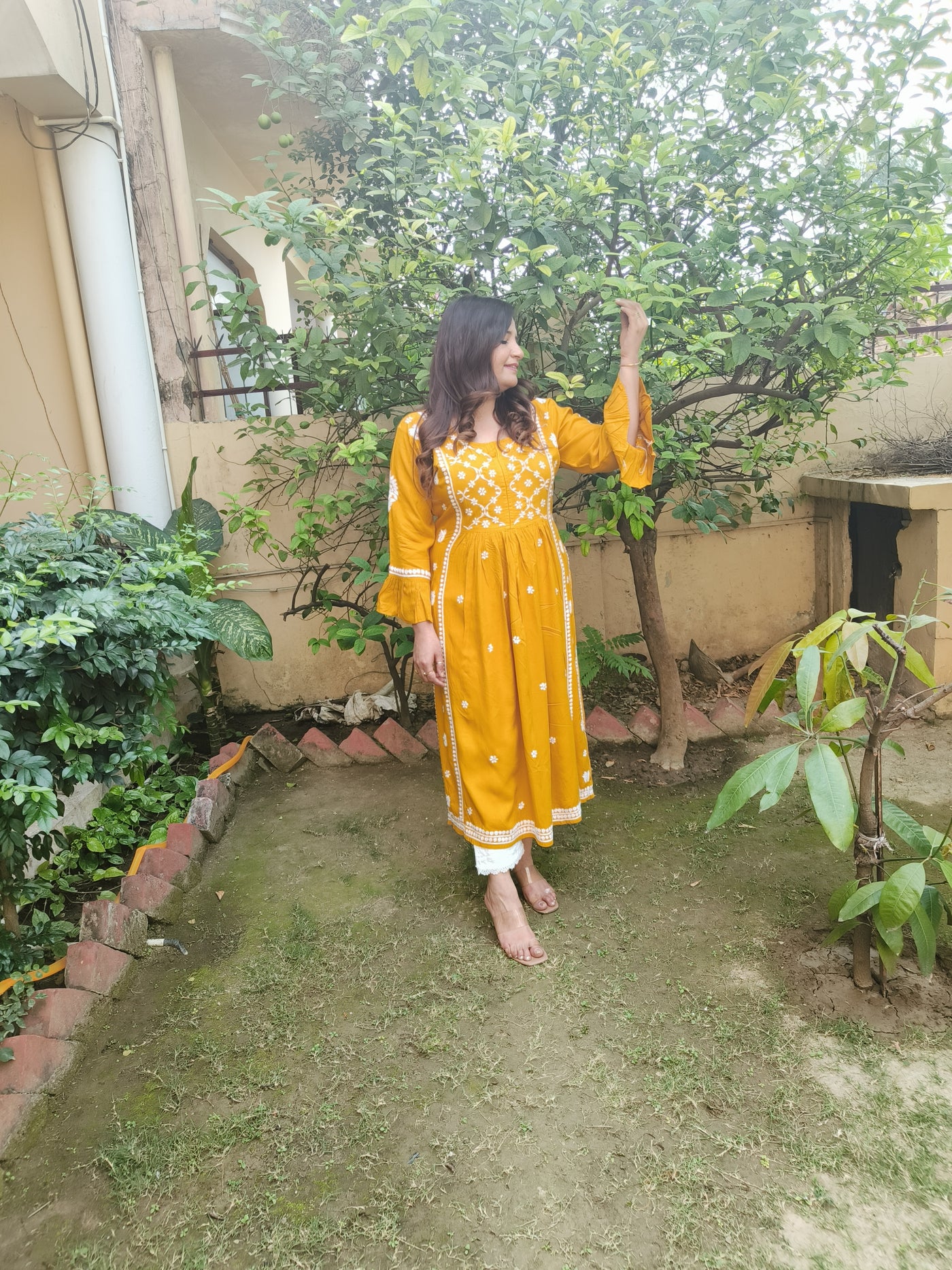 Mustard A-Line Rayon Chikankari Kurta- Custom Made