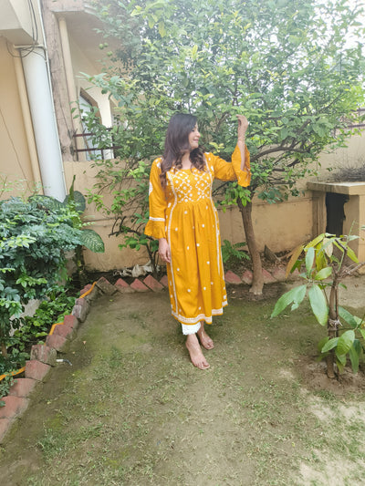 Mustard A-Line Rayon Chikankari Kurta- Custom Made