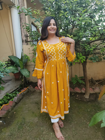 Mustard A-Line Rayon Chikankari Kurta- Custom Made