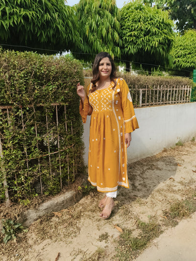 Mustard A-Line Rayon Chikankari Kurta- Custom Made