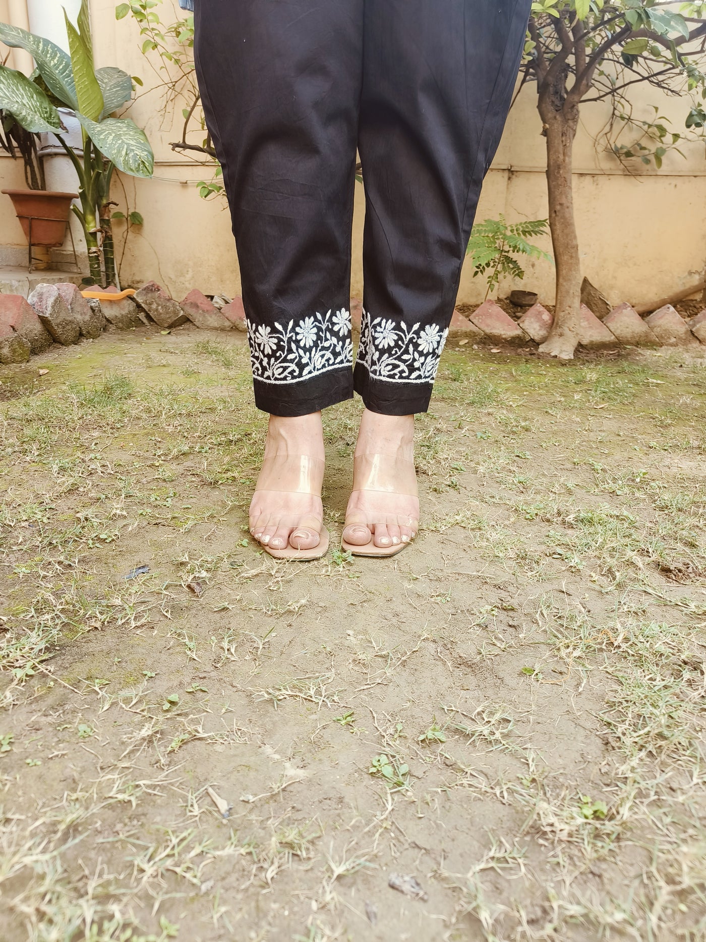 Black Stretchable Cotton Chikankari Pant Custom-Made