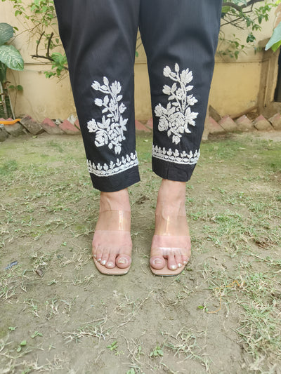 Black Stretchable Cotton Chikankari Pant