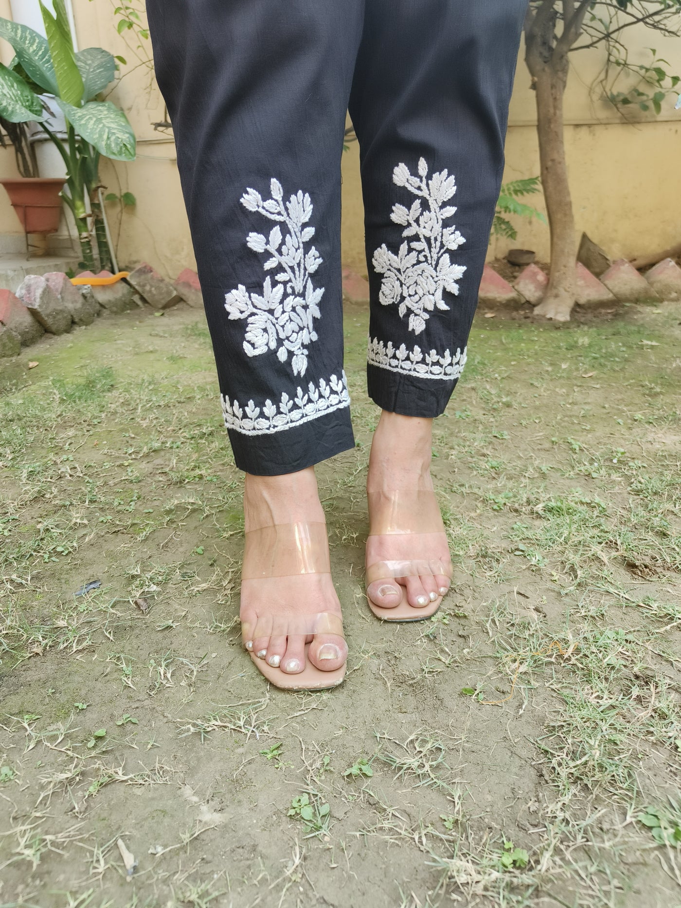 Black Stretchable Cotton Chikankari Pant