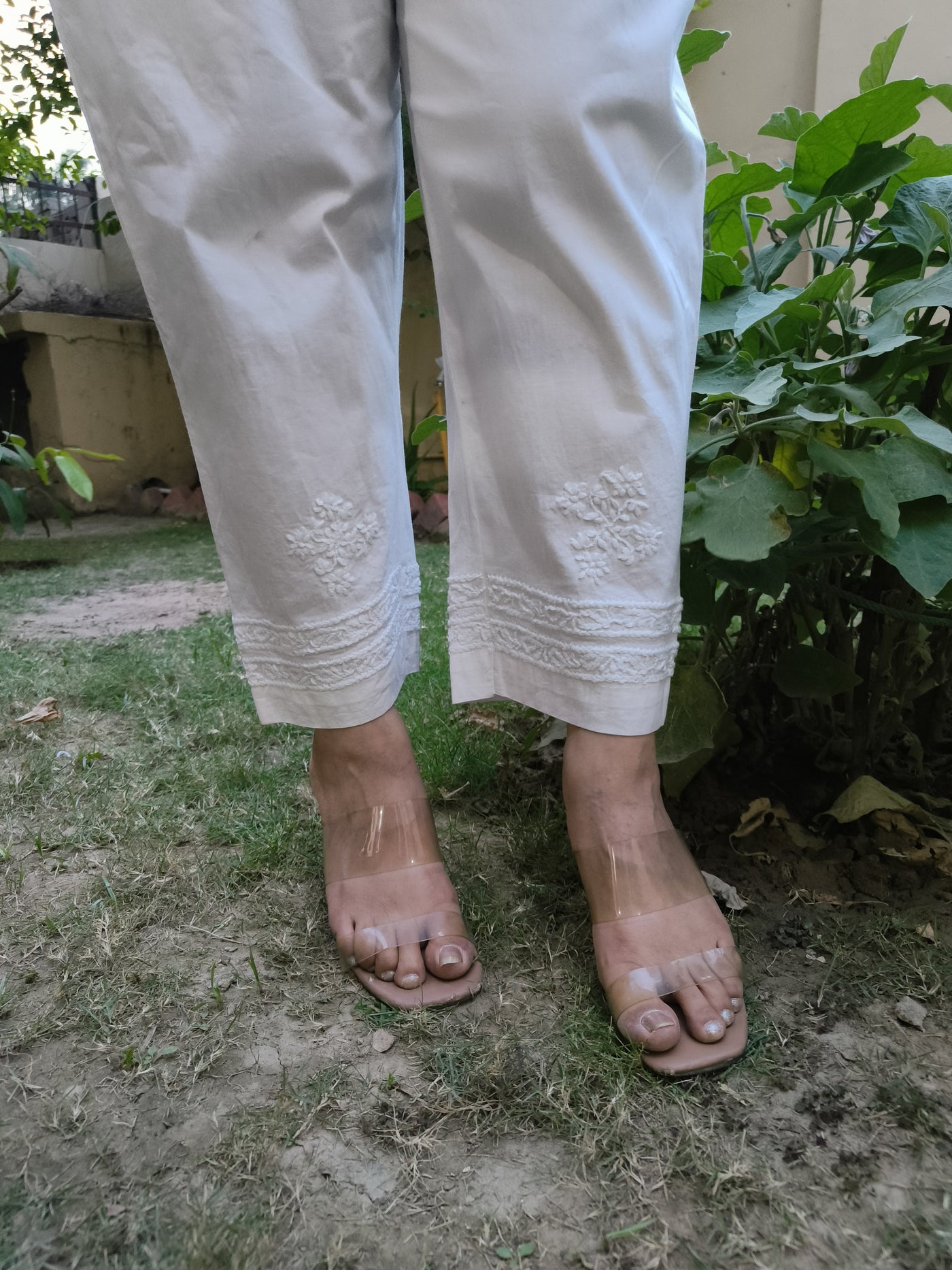 White Stretchable Cotton Chikankari Pant-Custom Made