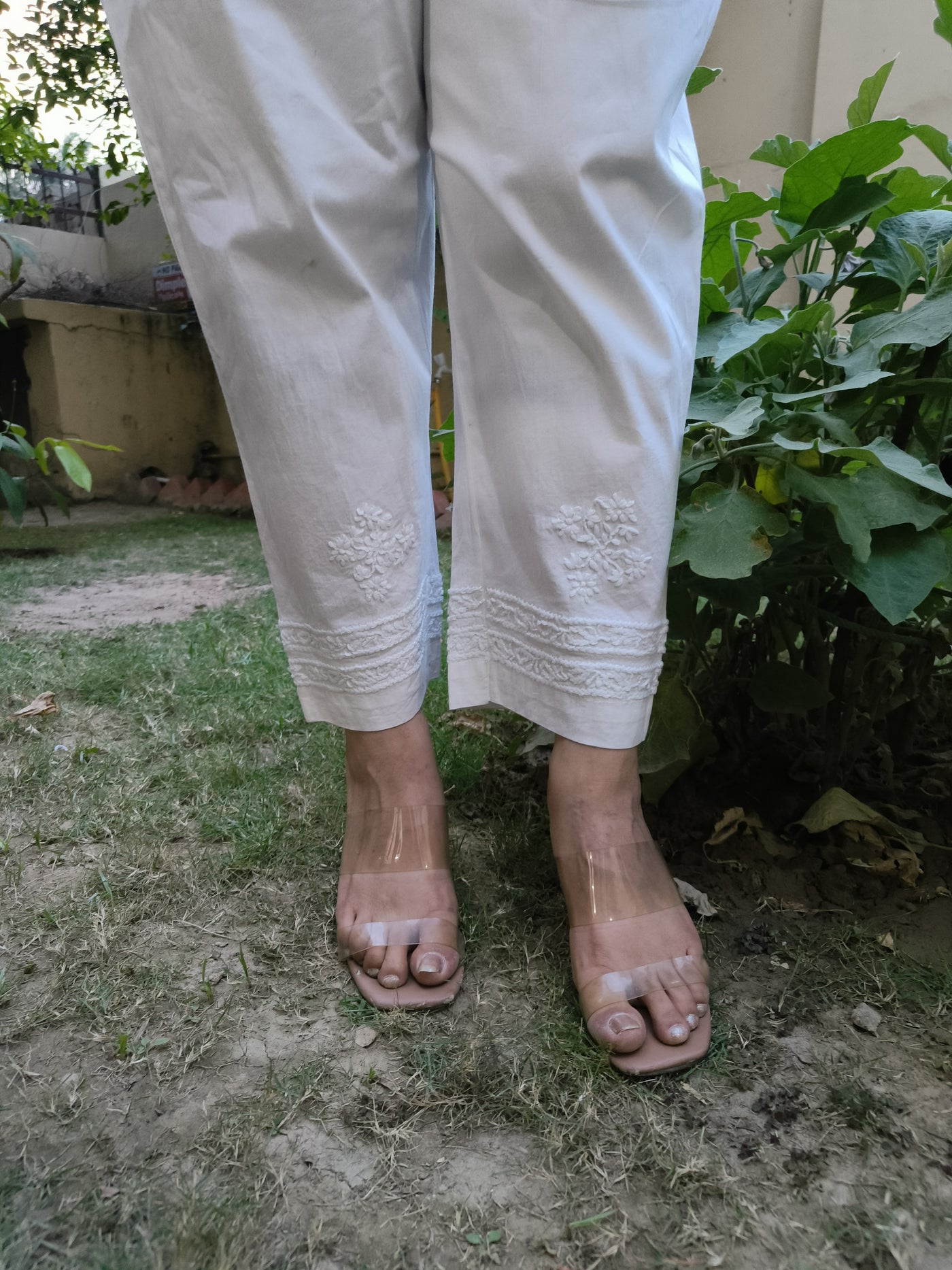 White Stretchable Cotton Chikankari Pant-Custom Made