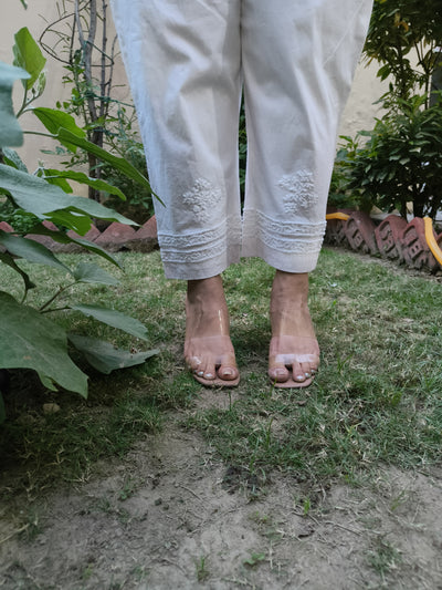 White Stretchable Cotton Chikankari Pant-Custom Made