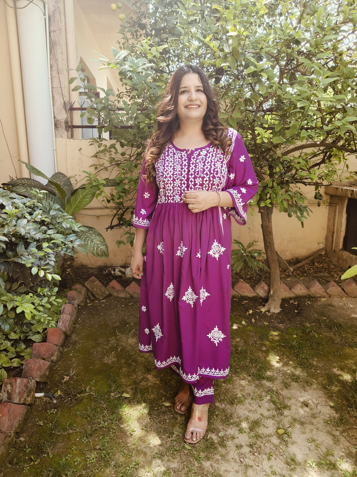 Purple Rayon Chikankari Kurta with Pant Set