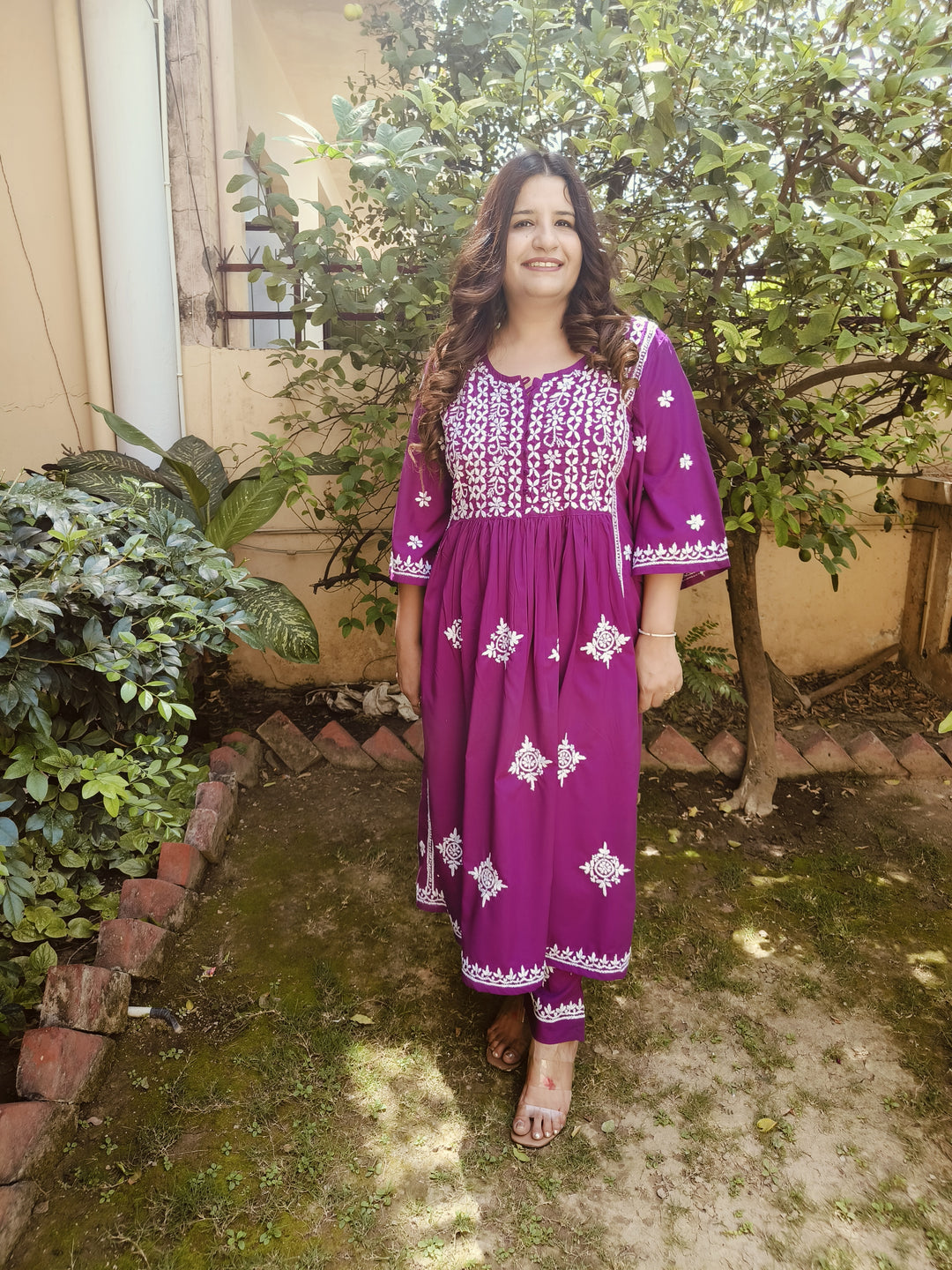 Purple Rayon Chikankari Kurta with Pant Set