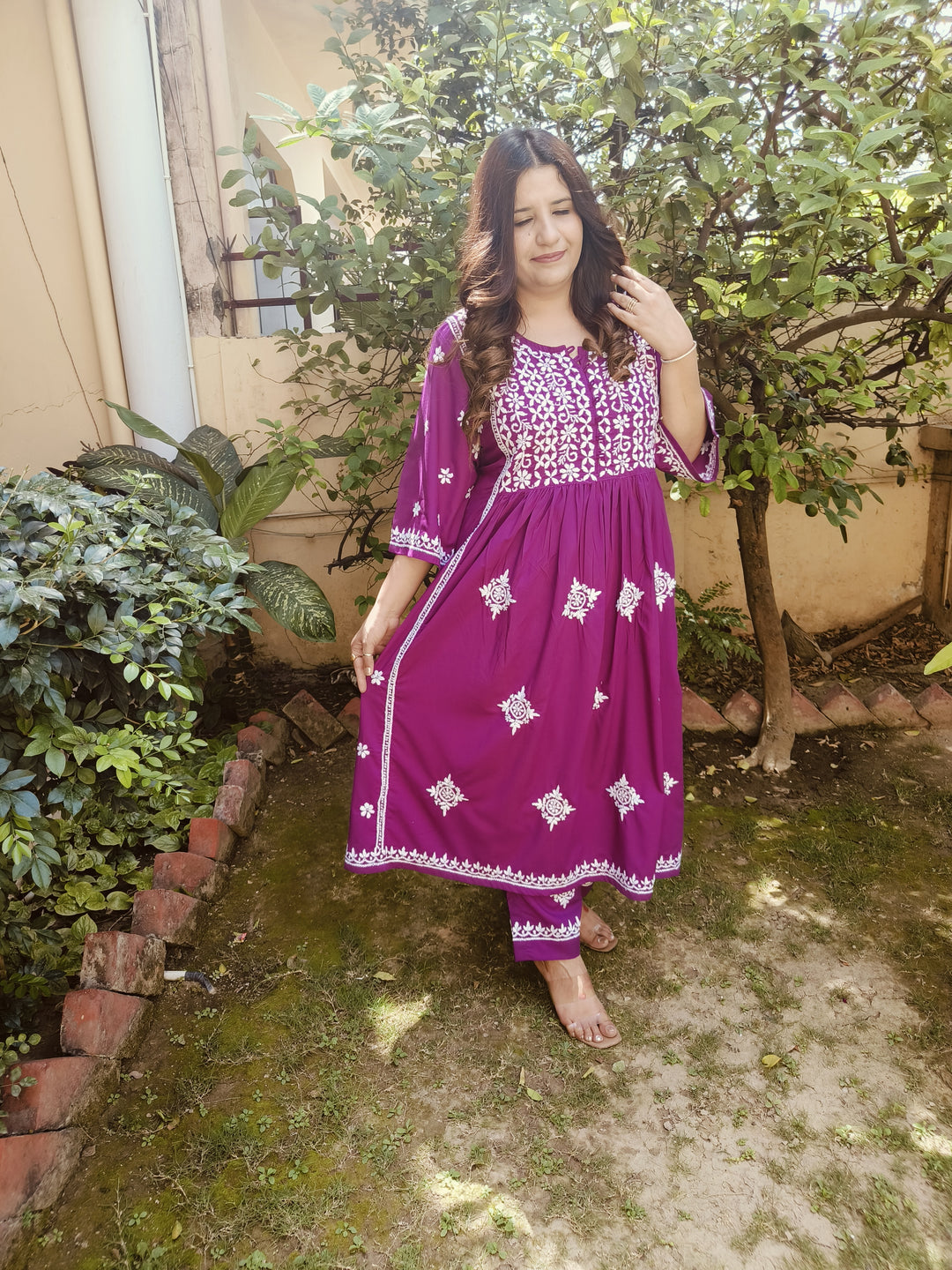 Purple Rayon Chikankari Kurta with Pant Set