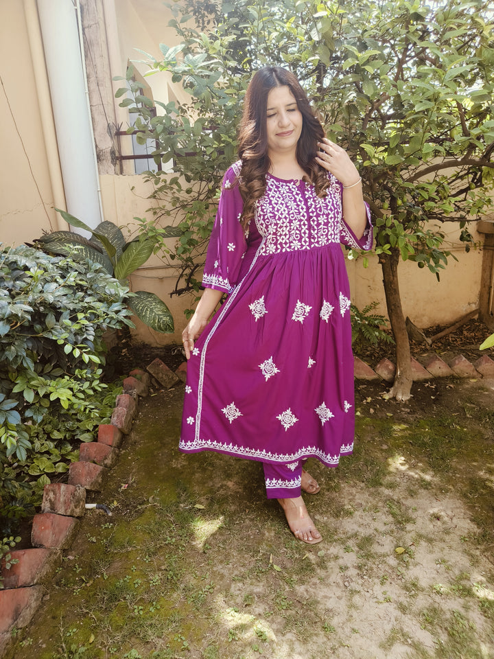 Purple Rayon Chikankari Kurta with Pant Set