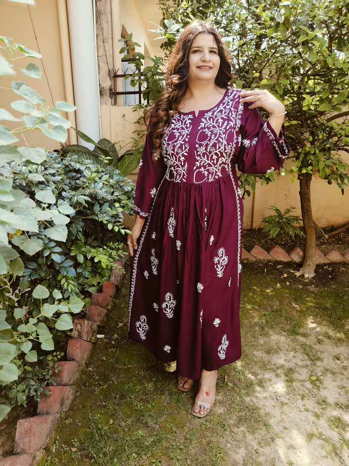 Wine Rayon Chikankari A-Line Kurta Pant Set