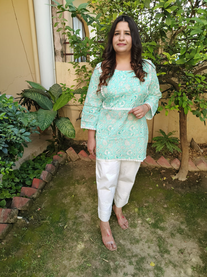 Sky Blue Printed Cotton Short Kurta