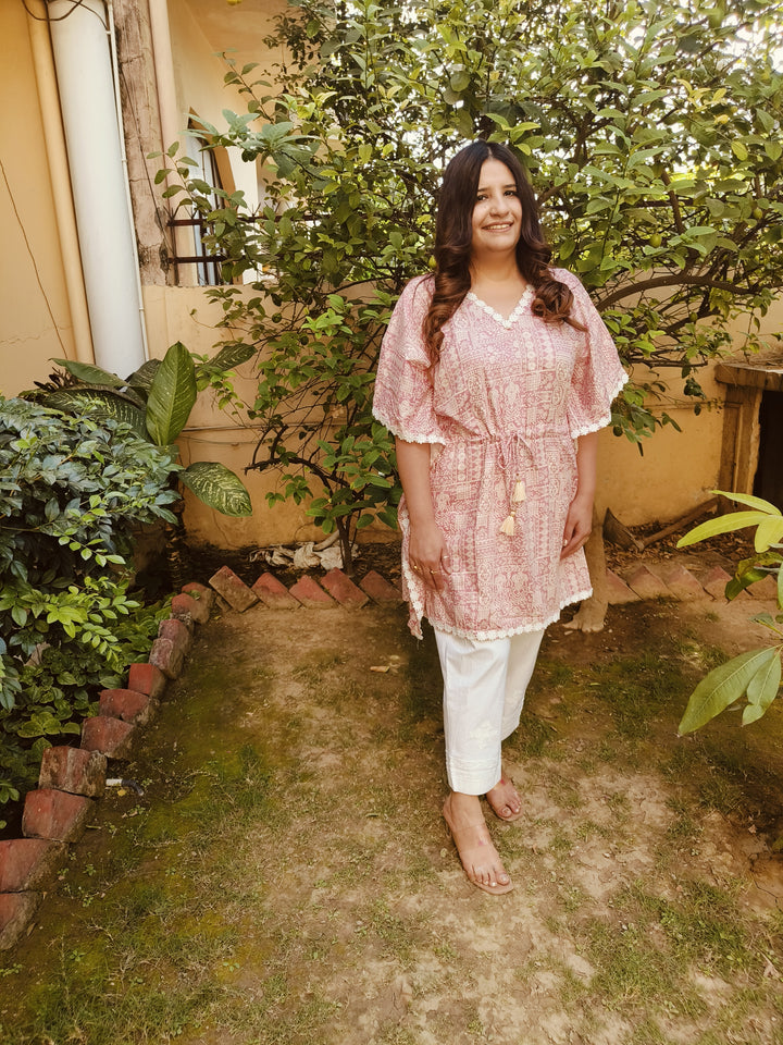 Light Pink Muslin Kaftan Short kurta