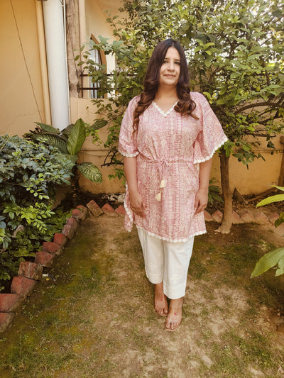 Light Pink Muslin Kaftan Short kurta