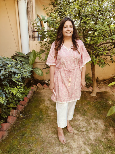 Light Pink Muslin Kaftan Short kurta