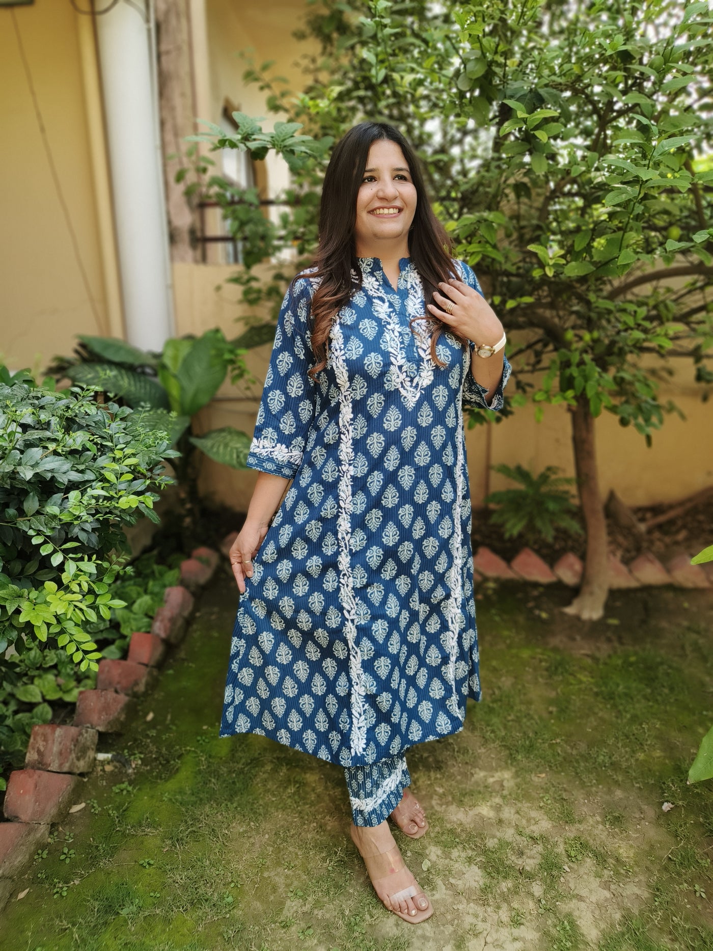 Blue A-Line Printed Cotton Chikankari Set-Custom Made