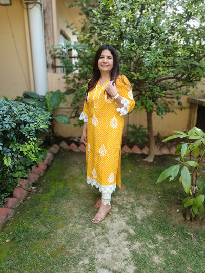 Yellow Printed Cotton Chikankari Kurta