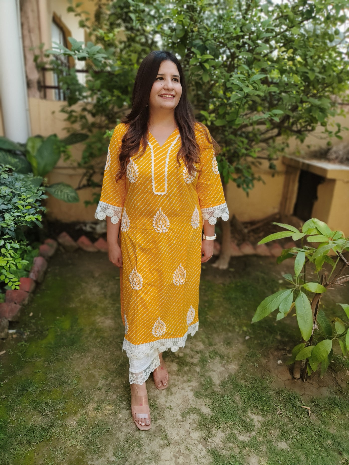 Yellow Printed Cotton Chikankari Kurta