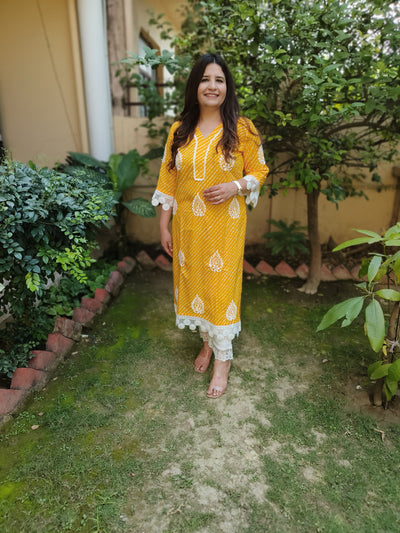 Yellow Printed Cotton Chikankari Kurta