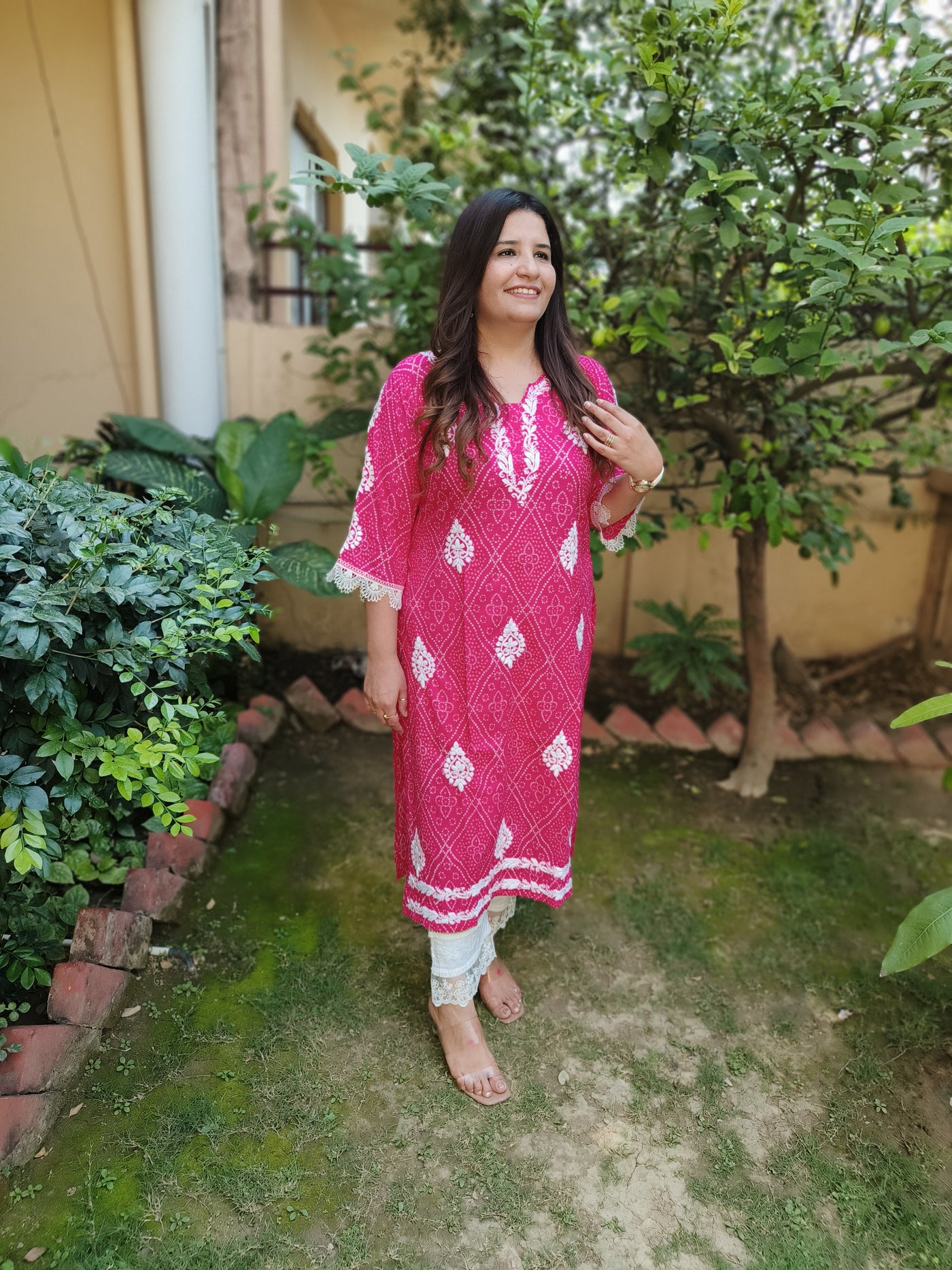 Pink Printed Cotton Chikankari Kurta