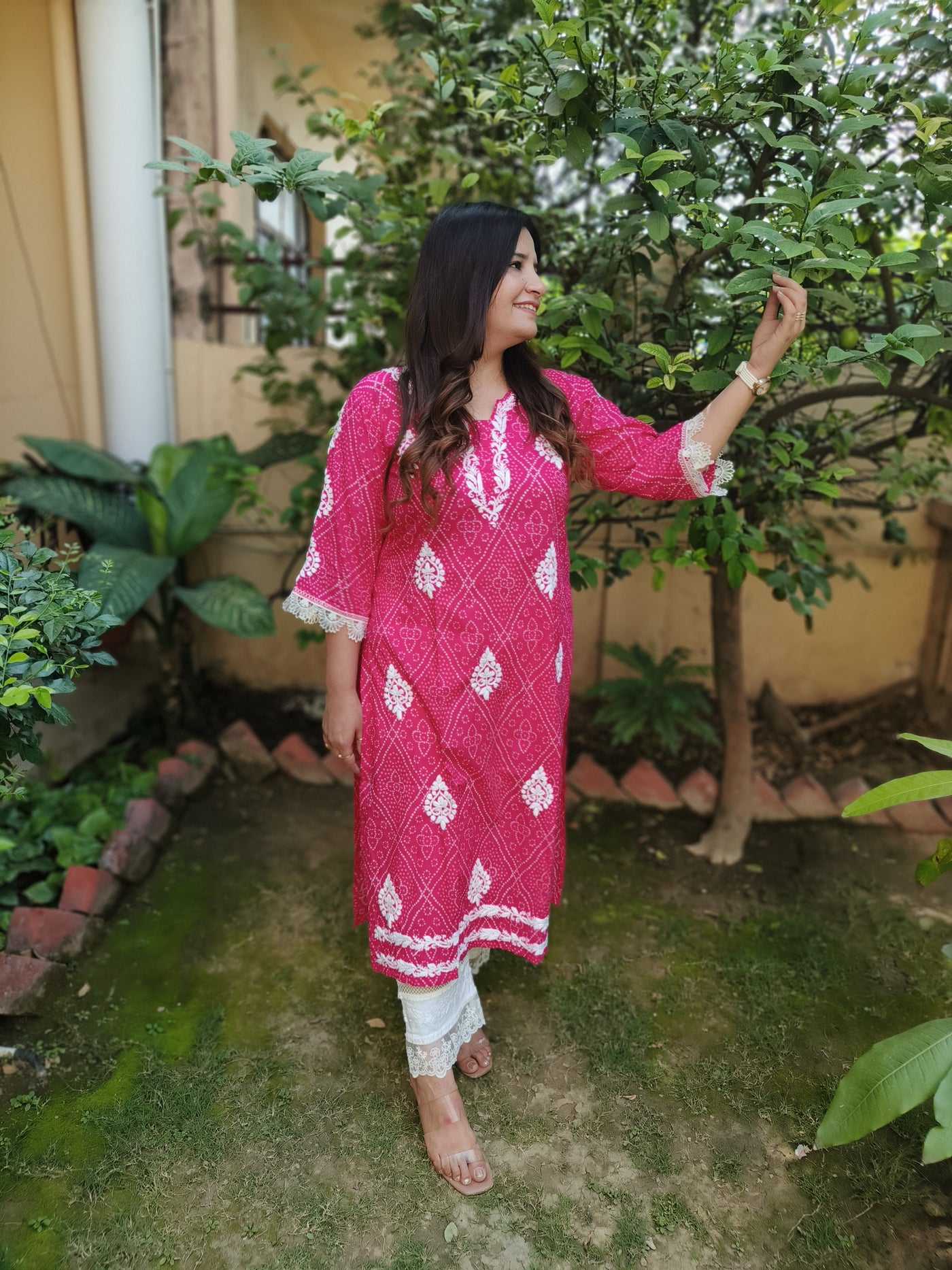 Pink Printed Cotton Chikankari Kurta