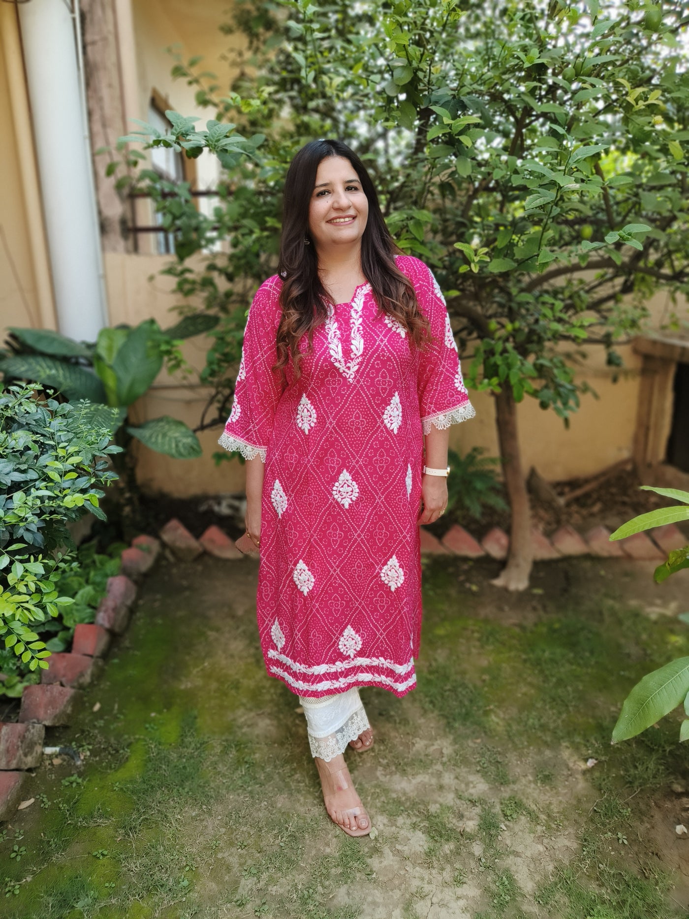 Pink Printed Cotton Chikankari Kurta