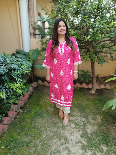 Pink Printed Cotton Chikankari Kurta