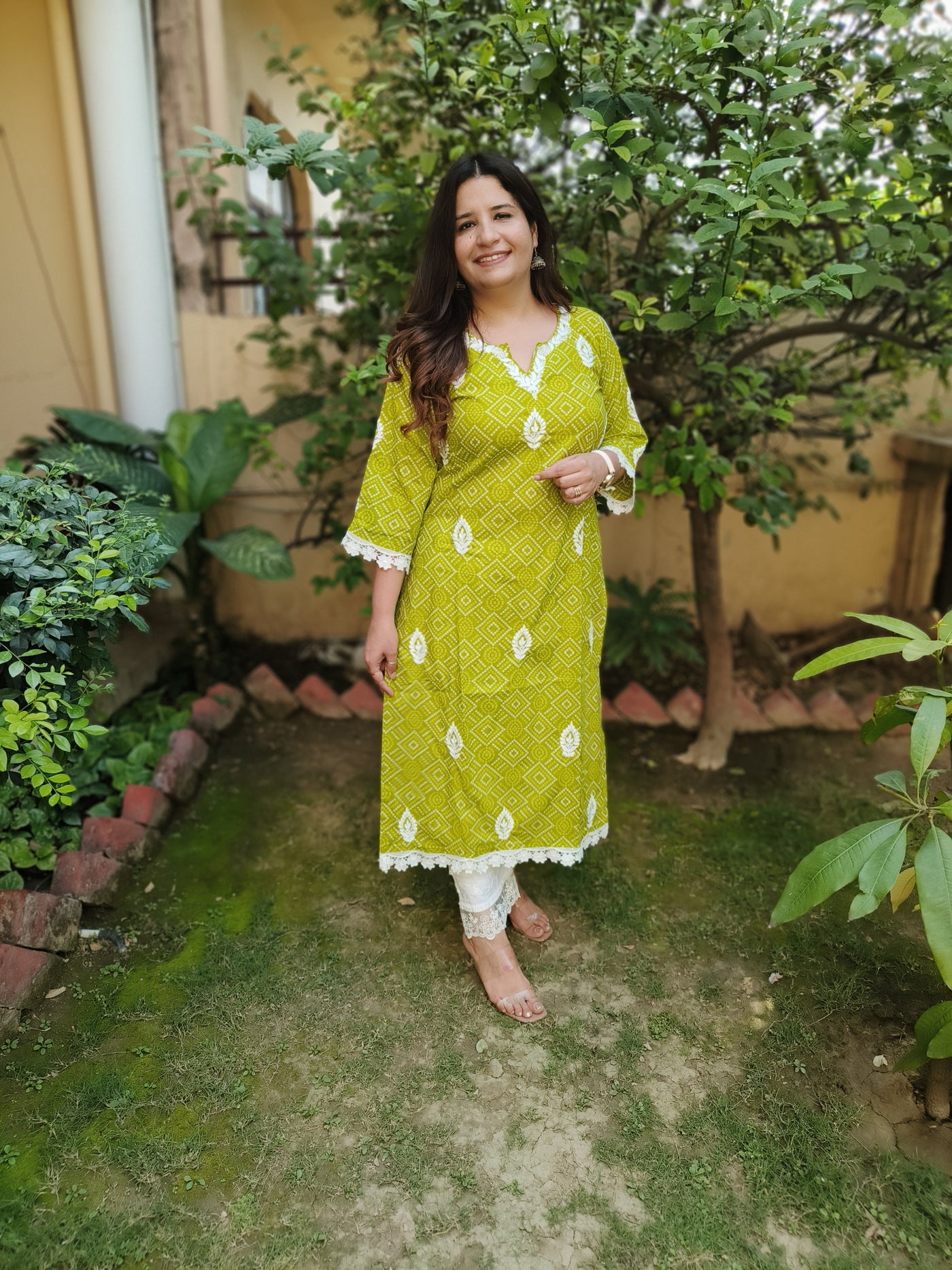 Green Printed Cotton Chikankari Kurta