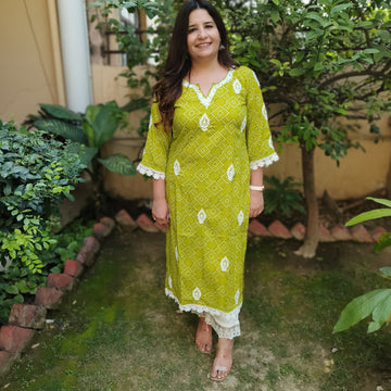 Green Printed Cotton Chikankari Kurta