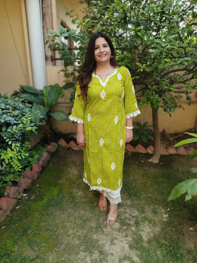 Green Printed Cotton Chikankari Kurta