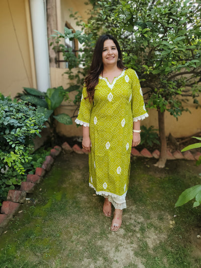 Green Printed Cotton Chikankari Kurta