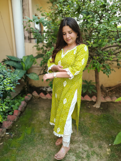 Green Printed Cotton Chikankari Kurta