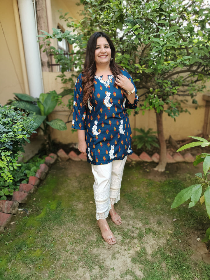 Blue Printed Cotton Chikankari Short Kurta