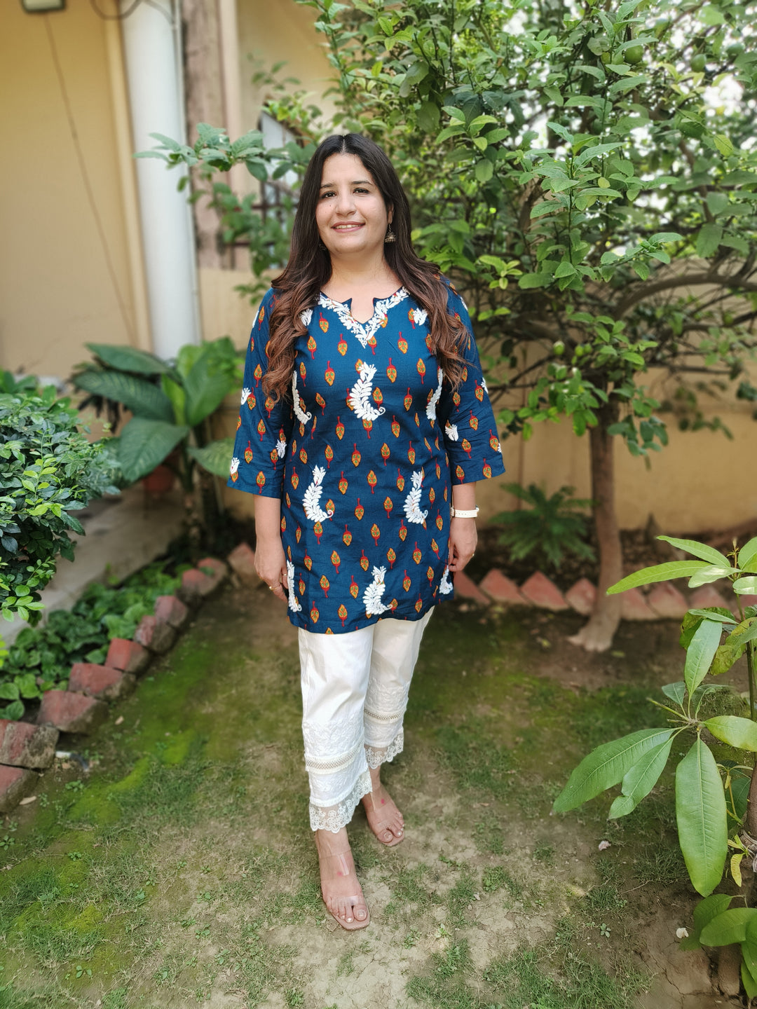 Blue Printed Cotton Chikankari Short Kurta