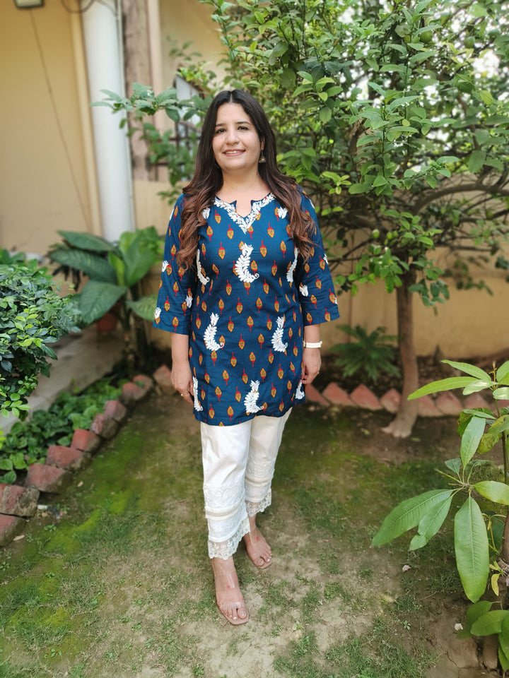 Blue Printed Cotton Chikankari Short Kurta