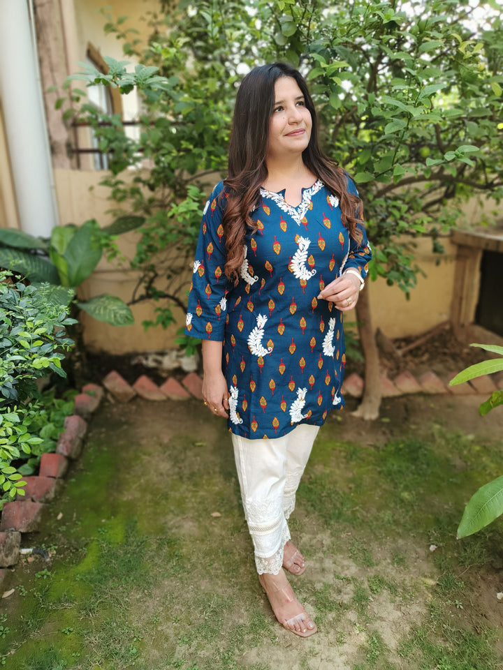 Blue Printed Cotton Chikankari Short Kurta